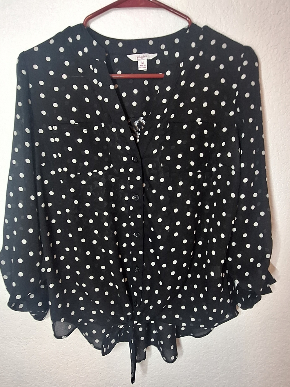 Candie’s Black & White Polka Dot Lace-Inset Blouse - Size M